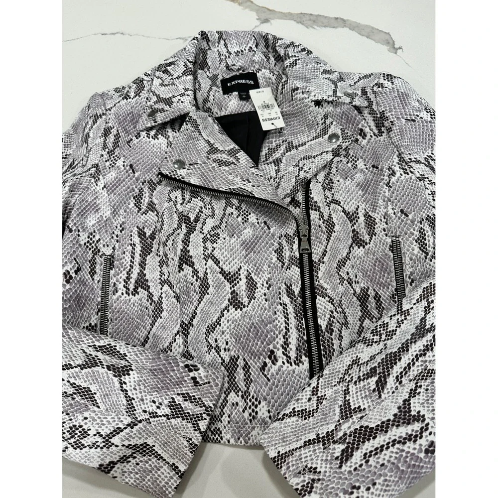 Express Snakeskin Print Moto Jacket Womens Medium Gray Black Silver‎